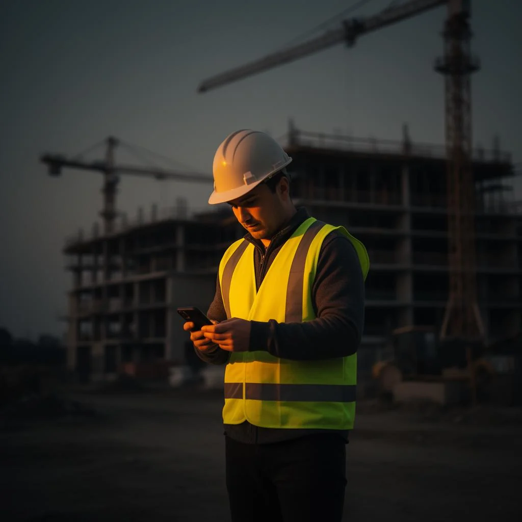 Site manager in hi-vis getting an instant answer on his phone