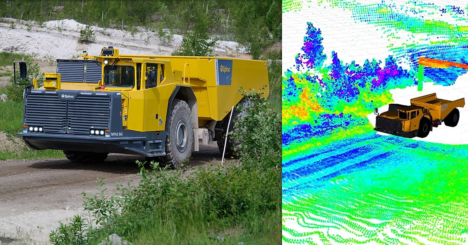 An Epiroc battery-electric mine truck alongside a 3D LiDAR point-cloud visualisation of its surroundings. Image: Epiroc (press image, 3 September 2026)